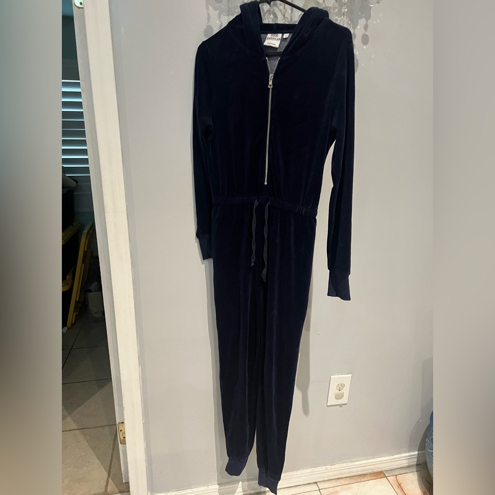 Good American Navy Blue One Piece hooded Velour jumpsuit